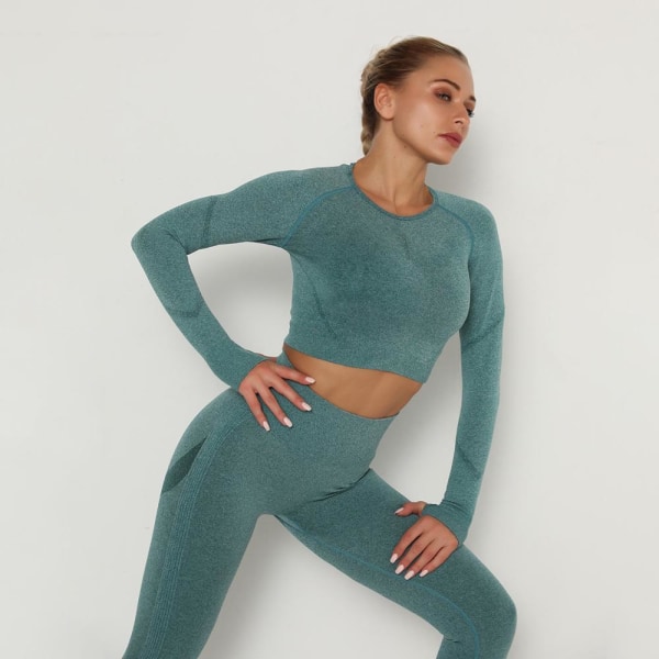 Yoga Set Träningskläder Sportset Gymkläder Toppar Och Leggings För Kvinnor Green set M