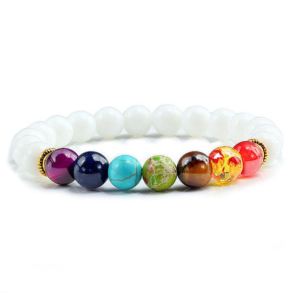 7 Chakra Armband Herr Svart Lava Tigeröga Stenar Helande Balans Pärlor Reiki Buddha Bön Naturlig Sten Yoga Armband Armringar White Elastic