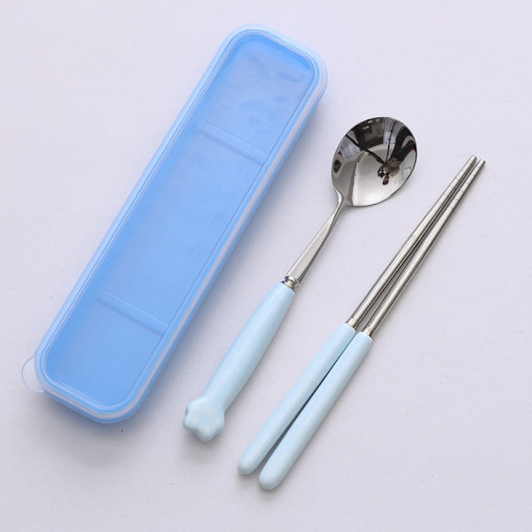 Kissankäpälä Astiasto Keraaminen Ruostumaton Teräs Astiasto Syömäpuikot Lusikka Haarukka Kannettava Astiasto Blue Cat's Paw spoon chopsticks
