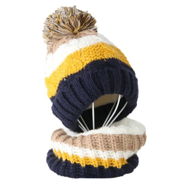 Børne Vinter 2 stk. Kabelstrikket Hue og Halstørklæde Sæt Sød Pompom Kontrastfarve Striber Skull Cap Plysforet Halsvarmer Deep Gray