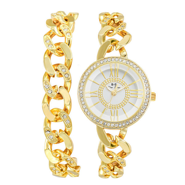 Let Luksus Dameur Romersk Urskive Fuld Diamant Quartz Ur Mode Simpelt Dobbelt Kædeur Silver
