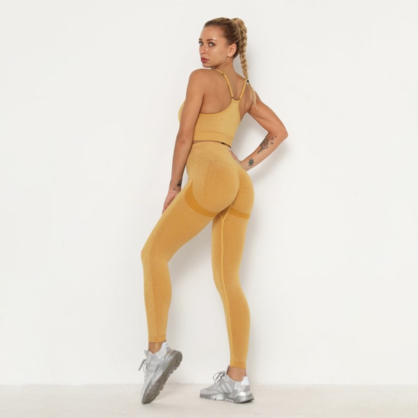 Europeisk och amerikansk stickad sömlös vikbar Peach Hip Raise Yoga Byxa Sport Tränings BH Yoga Kostym 6205 bra pants set-yellow M
