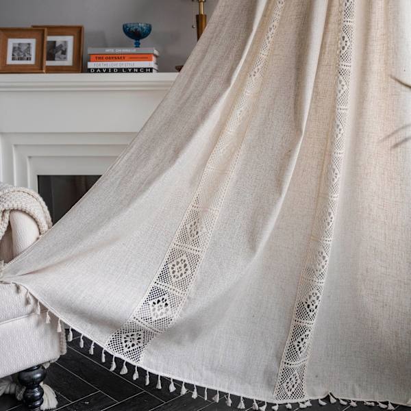 Boho ensfarget vindusgardin i bomullslin med dusker, blendingskappe for luksuriøs stuegardin 1 W150 cm X H280 cm