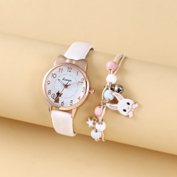 Frisk Studenterstil Pige Hjerte Dyreurskive Bælte Quartz Ur Kanin Armbånd Pink