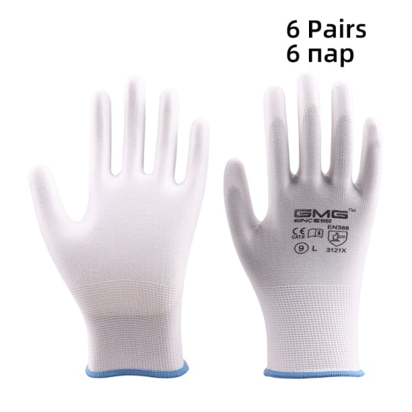 6 Par GMG CE EN388 Röda Polyester Svarta PU Arbets Säkerhetshandskar Trädgård Byggindustri Mekaniker Arbetshandskar White S