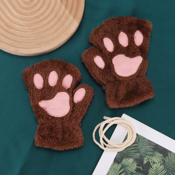 Kawaii Katt Handskar för Kvinnor Mode Flickor Katt Klo Tass Plysch Vantar Varma Mjuka Plysch Korta Fingerlösa Halvfinger Vinterhandskar Beige One Size