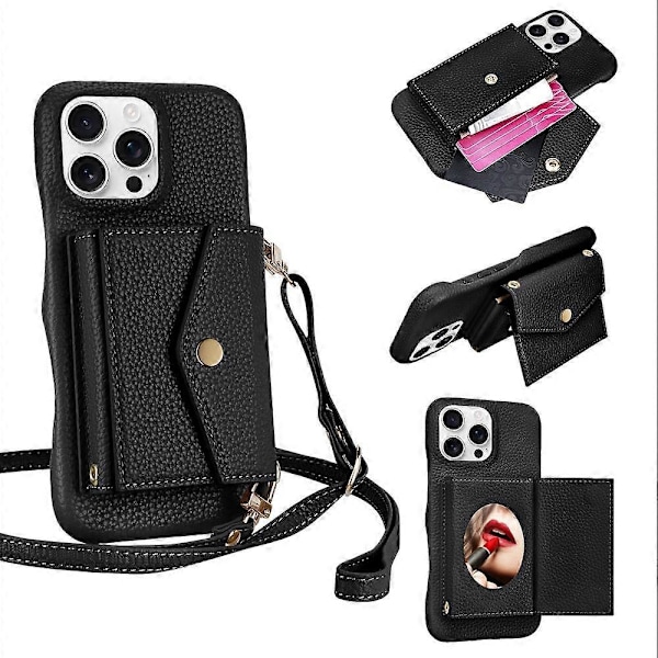 Telefonfodral med horisontell kortficka i litchi-textur med lång snodd Black For iPhone 13 Pro Max