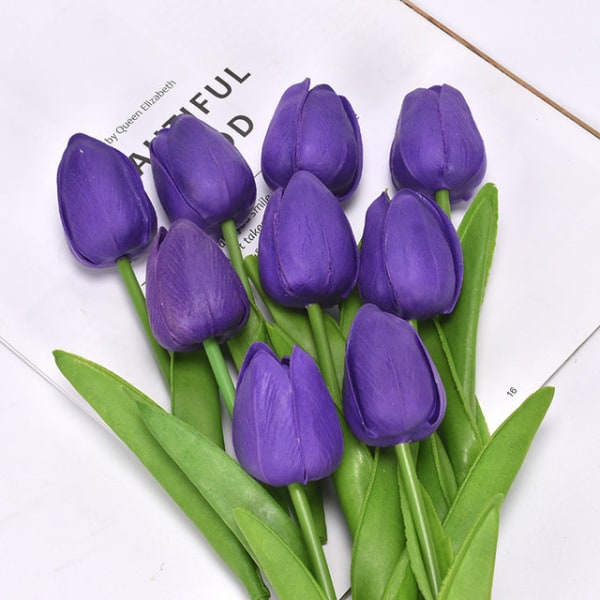 10 stk. Tulipaner Kunstig Blomsterbukett Real Touch Kunstige Fake Blomster for Hjem Bryllupsdekorasjon Innendørs Hagedekor Red