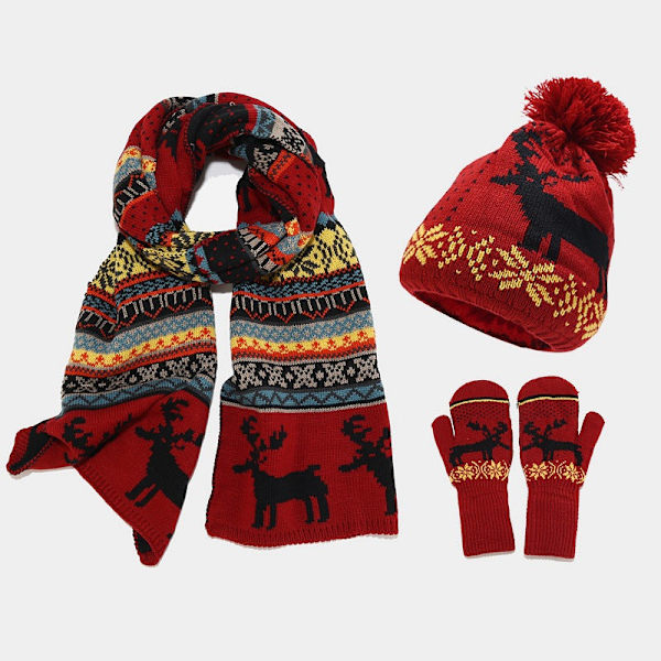 Jacquard Ull Lue Skjerf Hansker Sett Høst og Vinter Dame Termisk Tredelt Dress Wine Red
