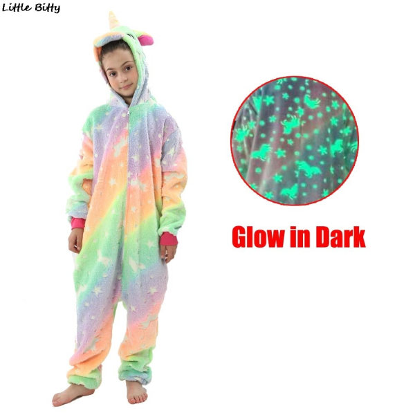Teinityttöjen yksisarvispyjamat 4 6 8 10 12 -vuotiaille lapsille, Kigurumi-pyjamat, pimeässä hohtava yksisarvis Onesie Kigurumi -lastenpyjamat LA73 12T Height 135-144cm