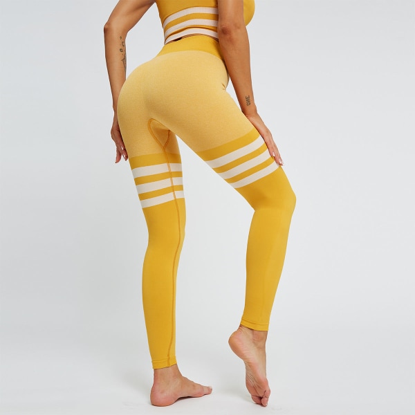 Europeisk och amerikansk sexig persika höft Yogabyxor med hög midja, stickade sömlösa och andningsbara randiga Yoga- fitness för kvinnor 6088 pants-yellow S
