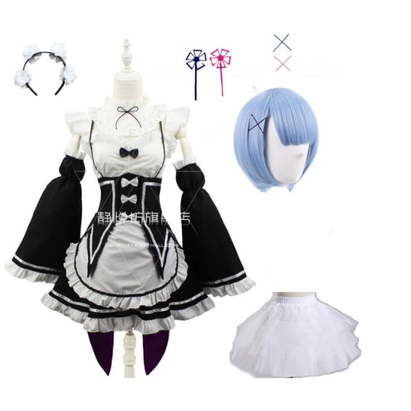 Ram/Rem Cosplay Re:zero Kara Hajimeru Isekai Seikatsu musta sininen punainen asu piika palvelijatar mekko package 9 XXXL