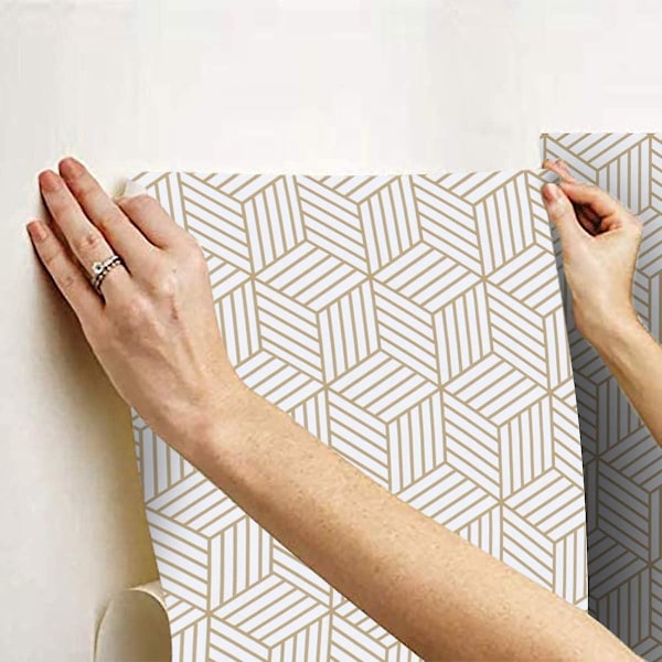 Kultaiset ja valkoiset geometriset kuusikulmiot, irrotettava ja kiinnitettävä tapetti, 17,7 x 393, kultaiset raidat, tapettikoriste