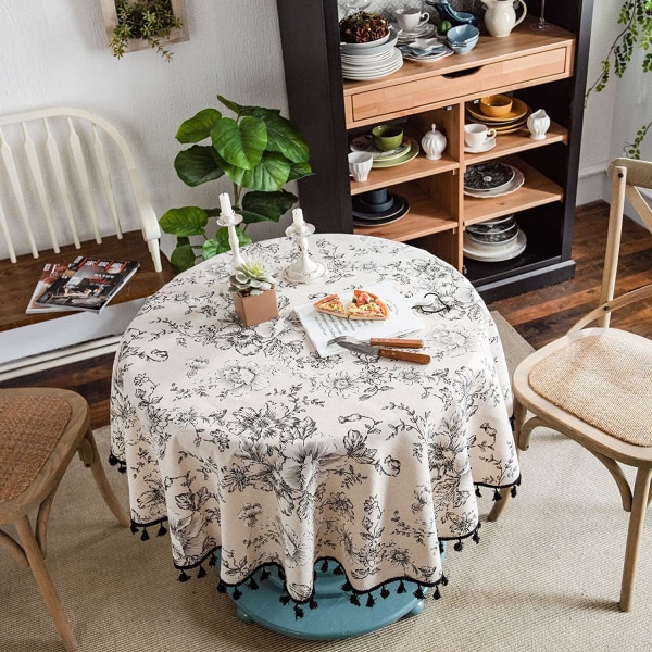 Bomuldslinned Dug Rund Dug med Kvaster Støvtæt Blomstret Cirkulær Borddækning til Køkken Spisebord Dekoration Tassel tablecloth Diameter 150cm