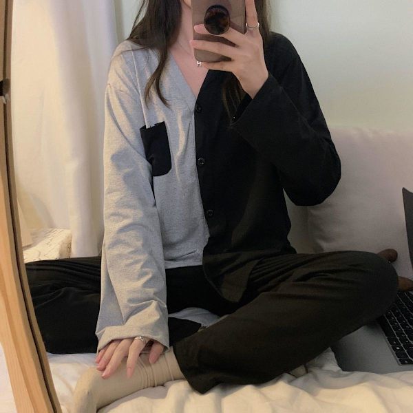 Pyjamas Dam Höst Enkel Vardaglig Kofta Nät Röd Tjej Långärmade Byxor Ytterkläder Hemmadräkt Black XL