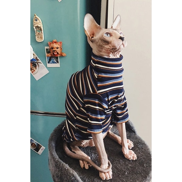 Kattkläder för Sphinx Nakenkatt Randiga Kläder Varm Stickad Tröja Husdjurskläder Katt Leverantör XS till XL Navy Blue S