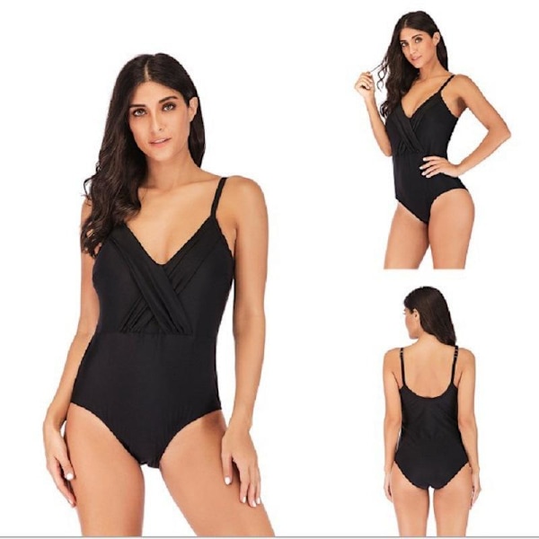 Pigebadedragt plus Size Bikini Dame Ensfarvet Kryds Et-delt Tynd og Åndbar Badetøj Black 4XL