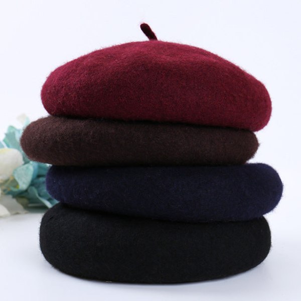 Hatt i koreansk stil med svampdesign för kvinnor, andningsbar pumphatt, målarmössa i ull Wine Red Adjustable