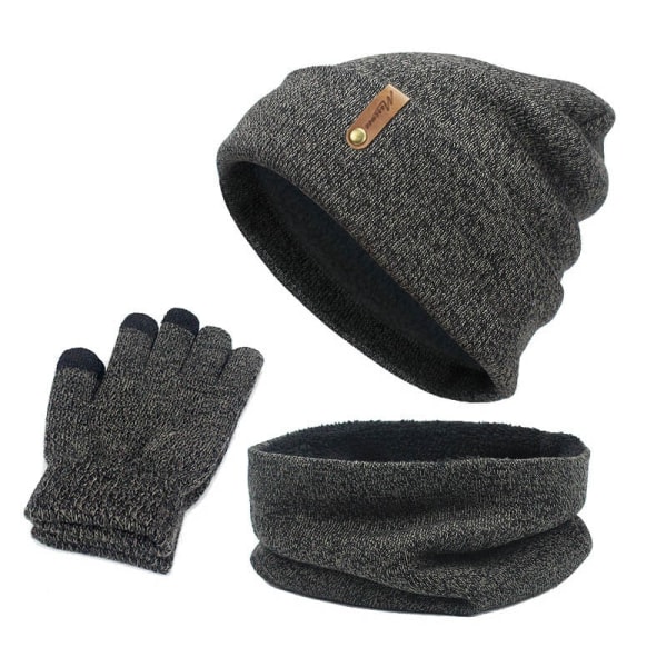 Unisex Mössa Halsduk Handskar Set Vinter Stickad Tjock Varm Mössa Dam Herr Enfärgad Retro Mössa Mjuka Pekskärmshandskar F