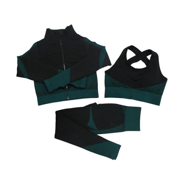 Yogaset Långärmad skjorta+sport-bh+sömlösa leggings Träning Löpkläder Gymkläder 2pcs Dark Green L