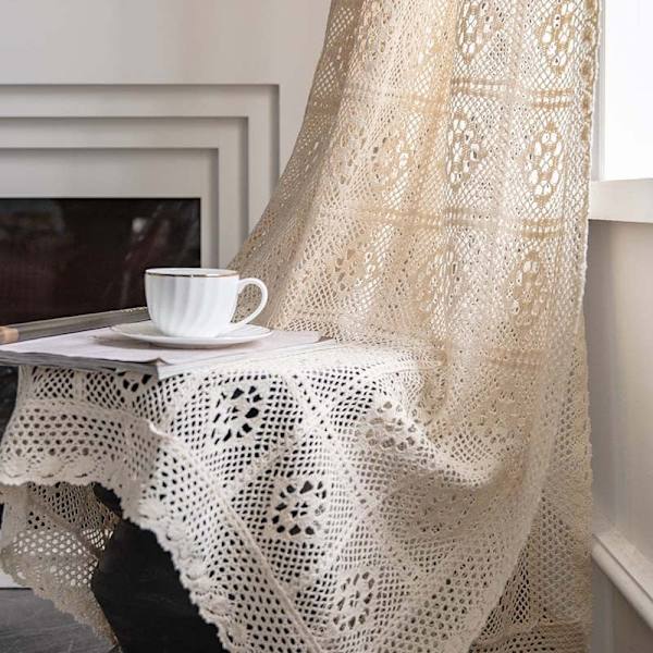 Heminredning Sovrum Spetsgardin Genomskinlig Retro Ihålig Virknål Bondgård Golvgardiner för Vardagsrum Beige 100x180cm(WxH)