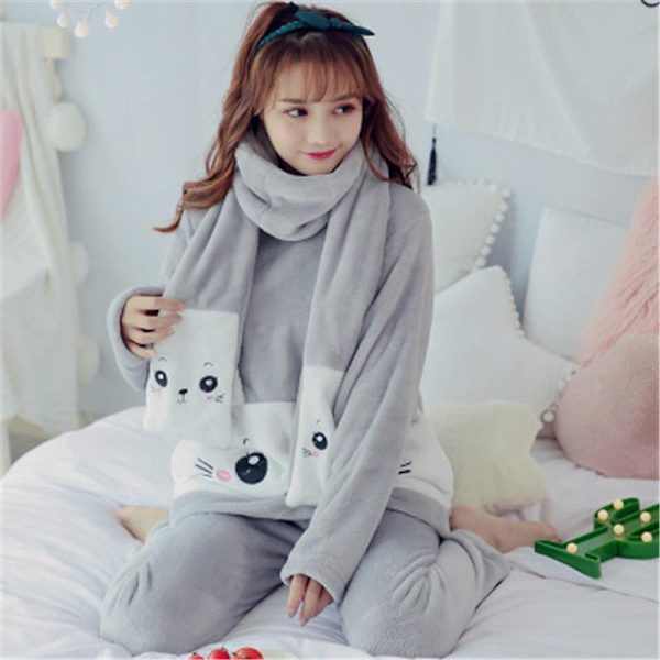 Höst- och vinterkorallfleece pyjamas dam plus sammet varm långärmad flanellkostym studenter Grey M