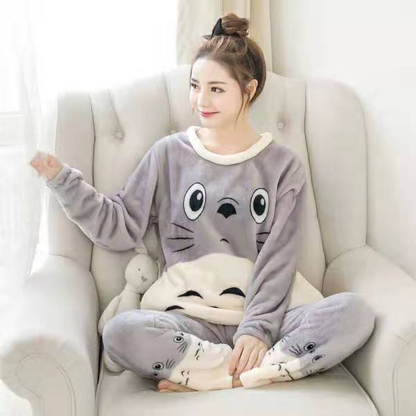 Höst Vinter Varm Flanell Dam Pyjamas Set Tjock Korall Sammet Långärmad Söt Sovkläder Set Tunn Flanell Pyjamas Set Grey XXL