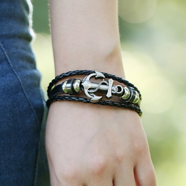Ornament Simpel Multi-Lag Vævet Bådanker Okse Læder Armbånd Mode Populære Retro Herre- og Damearmbånd Black pigu silver accessories 21CM