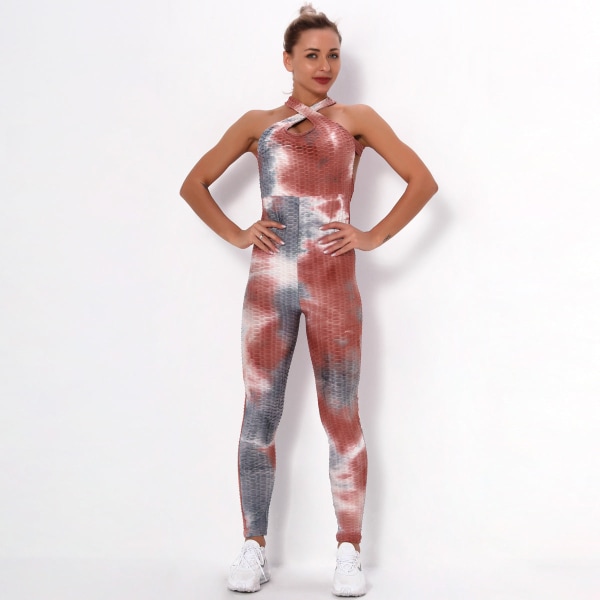 Europeisk och amerikansk Sexig Cross Tie-Dyed Skönhet Rygg Yoga Kostym Dam Fitness Sport Bubble Flerfärgad One-Piece 6225 jumpsuit-pink L