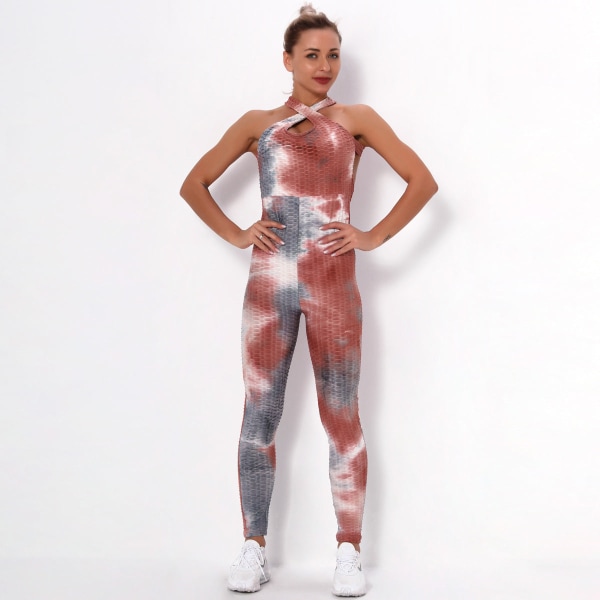 Europeisk och amerikansk Sexig Cross Tie-Dyed Skönhet Rygg Yoga Kostym Dam Fitness Sport Bubble Flerfärgad One-Piece 6225 jumpsuit-red brown gray M