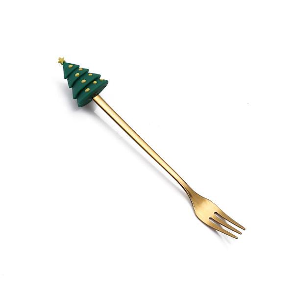 Tegneserie Bordservice Kattepote Ske Sød Dessert Ske Rustfrit Stål Ske Dukke Dessert Frugt Gaffel Golden Fork-Christmas round tree