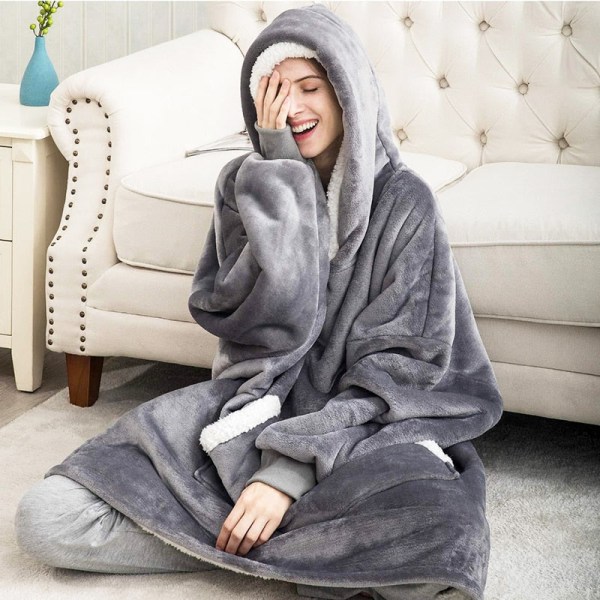 Vinter Oversized Hettegenser Teppe Med Ermer Fleece Genser Rutete Hette Dame Lomme Hettegenser Oversize Mykt Teppe Red Deer One Size