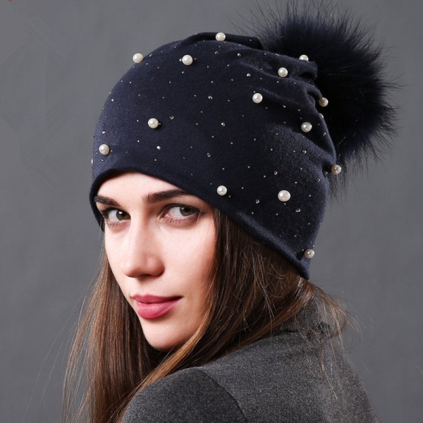 Pärl Dubbellagers Bomullsmaterial Ärmmössa Höst och Vinter Dam All-Match Mode Tvättbjörn Boll Päls Dam Varm Hatt Dark gray natural color ball