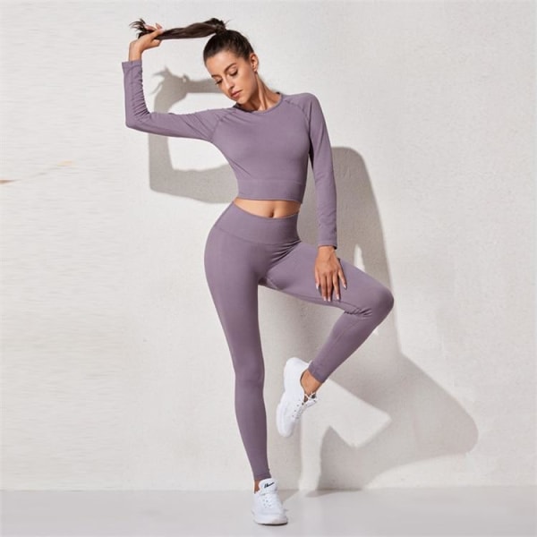 Yoga Set Träningskläder För Kvinnor Fitness Kläder Långärmad Yoga Dräkt BraPants Brown M