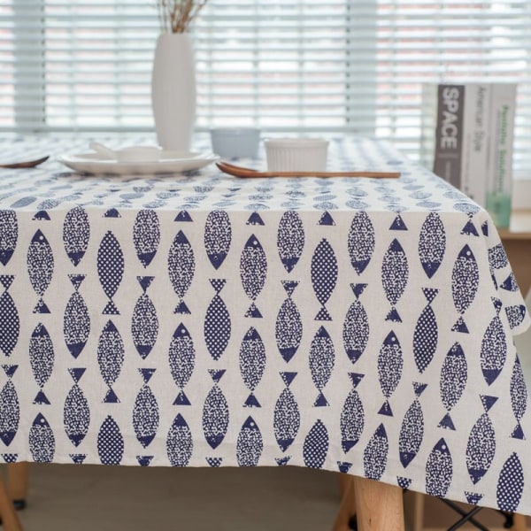 Tykkere duk i bomulls-linblanding med enkelt blått fisketrykk, japansk stil, vaskbar duk for bryllup og tebord no lace 140 X 200CM