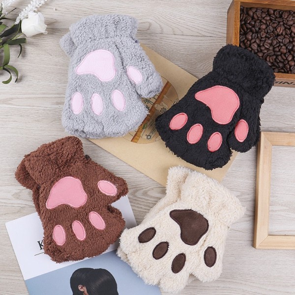 Kawaii Katt Handskar för Kvinnor Mode Flickor Katt Klo Tass Plysch Vantar Varma Mjuka Plysch Korta Fingerlösa Halvfinger Vinterhandskar Beige One Size