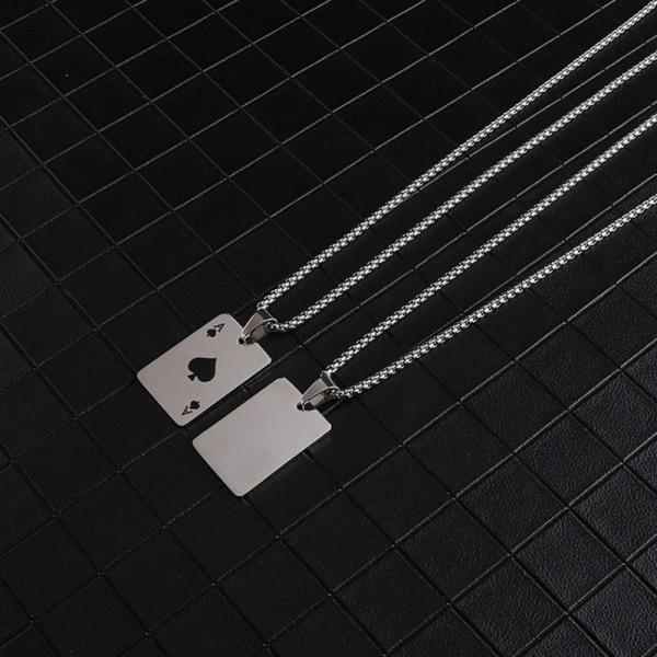 Halsband med hänge för män, poker, lyckosam spader ess, röd svart silverfärg, rostfritt stål, lång kedja, smycken black popcorn chain