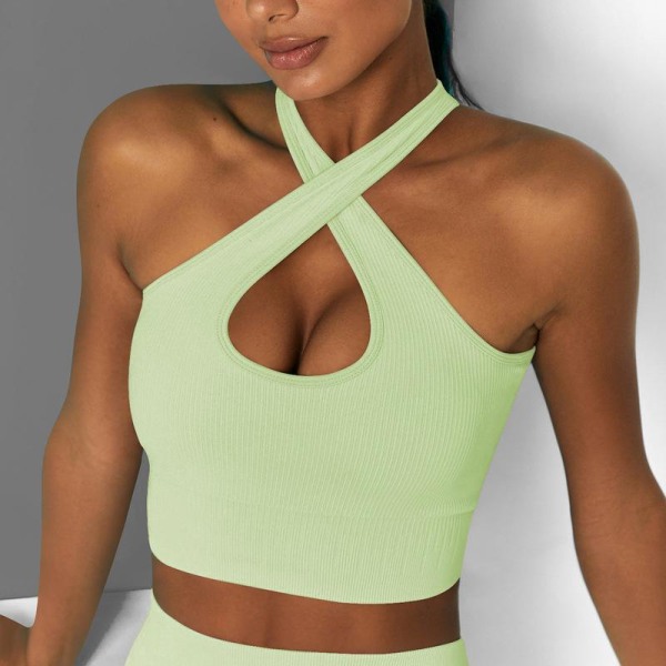 Ensfarvet Candy Fitness Sports Vest Mode Gym Løbe Krydsrem BH Yoga Tøj til Kvinder 6506 cross bra-Green L