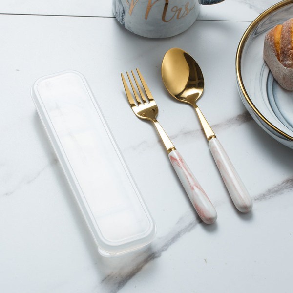 Marmorikuvioinen ruokailuvälinesetti ruostumatonta terästä titaanihaarukka lusikka ja syömäpuikot kannettavat ruokailuvälineet Black spoon chopsticks suit