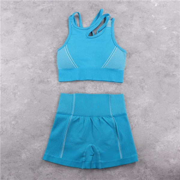 Yoga Set Crop Top BH Shorts Leggings Träningskläder Aktiv Fitness Gym Kläder Blue Short Set L