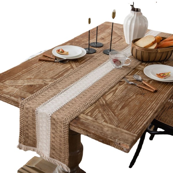 Bordslöpare i bomull och linne med sömmar, tvåfärgad vävd tofs, naturmaterial, amerikansk lantlig semesterduk Christmas hemp rope 30*220 (including tassels)
