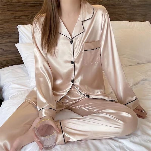 Dam Silkessatin Pyjamas Loungewear Tvådelat Sovplagg Knäppning Pj Set Champagne 2XL
