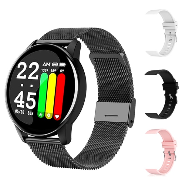 Watch Kvinnor Män Blodtryck Puls Fitness Tracker Watch Sport Rund Smartwatch Smartklocka för Android IOS Steel Add 3 Strap2