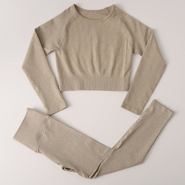 Yoga Set Dam Gym Kläder Kvinnlig Hög Midja Yoga Byxor Träningsdräkt Dam Fitness Kläder Top Pants Khaki M