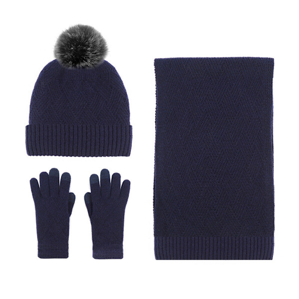 Hattu Huivi Käsineet Kolmiosainen Setti Kylmänkestävä Turkistupsu Fleecevuorattu Neulesetti Army green three-piece set