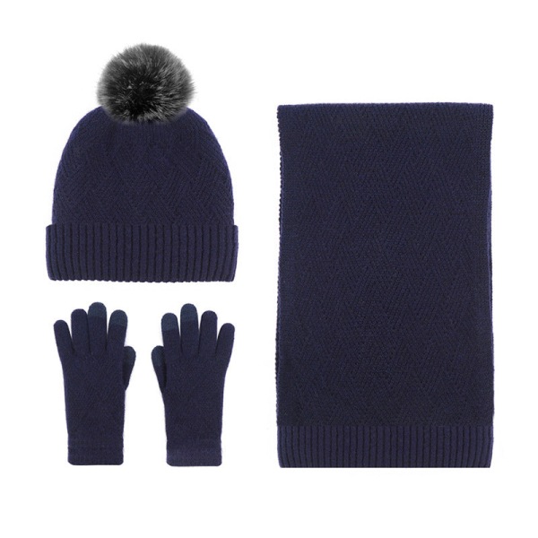 Hattu Huivi Käsineet Kolmiosainen Setti Kylmänkestävä Turkistupsu Fleecevuorattu Neulesetti Wine red three-piece set