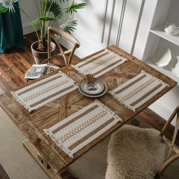 Bordslöpare randiga sömmar i bomull och linne Tvåfärgad vävd tofs Naturmaterial Amerikansk duk Rice table runner 30*240 (including tassels)