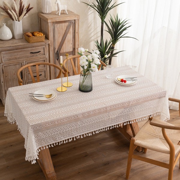 Hålad Fransk Spets Beige Duk Rektangulär Bröllop Födelsedagsfest Dekorativ Bordsduk Mantel Mesa Nappe med Tofs Beige 150x100CM