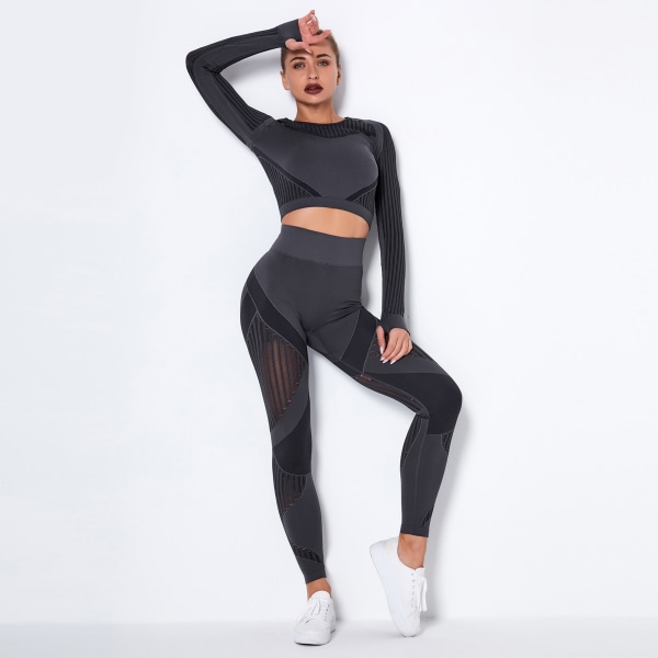 Långärmad yogadräkt för damer, sportfitness, löpning, yogabyxor 6301 long sleeve trousers suit-Brown XS