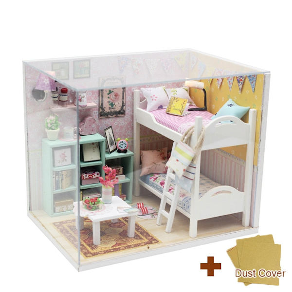 Cutebee DIY Dukkehussett Med Møbler LED-Lys DIY Miniatyr Byggesett Lite Hus Treleker for Barn Voksen As  photo M020B